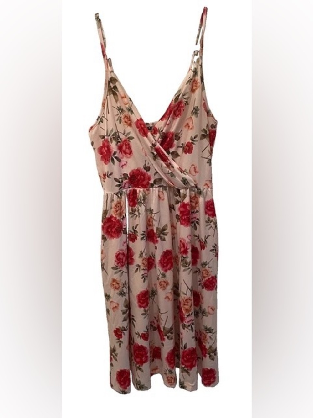 Newshows Small Floral Faux Wrap Cami Mini Sundress Cream Rose Spaghetti Strap